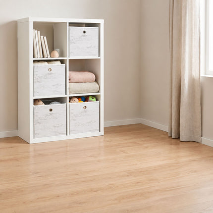 Folding Storage Box Set of 6 with Wood-Look Finish, White, 30 x 30 x 30 cm