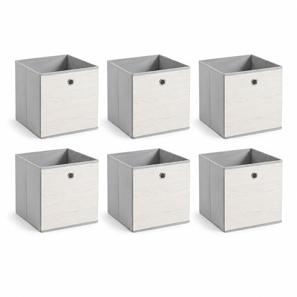 Folding Storage Box Set of 6 with Wood-Look Finish, White, 30 x 30 x 30 cm