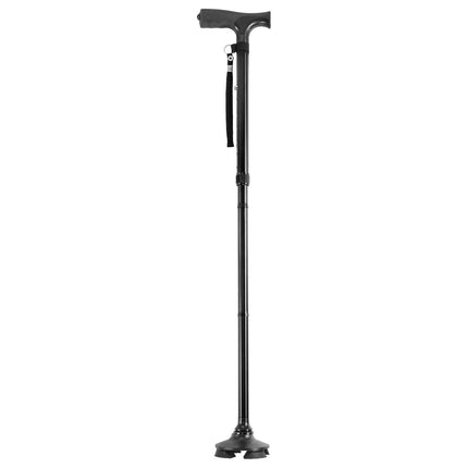 Folding Walking Cane, 4-Prong Pivoting Base, 8-Level Height, 250 lb, Black