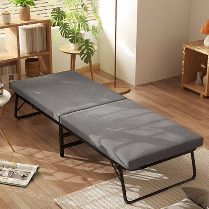 Sulankstoma lova 70 x 190 cm sulankstoma svečių lova su 7 cm putplasčio čiužiniu, reguliuojamu galvūgaliu, kelioninė lova su ratukais, lino imitacija, metalinis rėmas biurui, svečių kambariui, tamsiai pilka