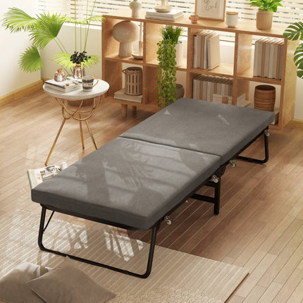 Sulankstoma lova 70 x 190 cm sulankstoma svečių lova su 7 cm putplasčio čiužiniu, reguliuojamu galvūgaliu, kelioninė lova su ratukais, lino imitacija, metalinis rėmas biurui, svečių kambariui, tamsiai pilka