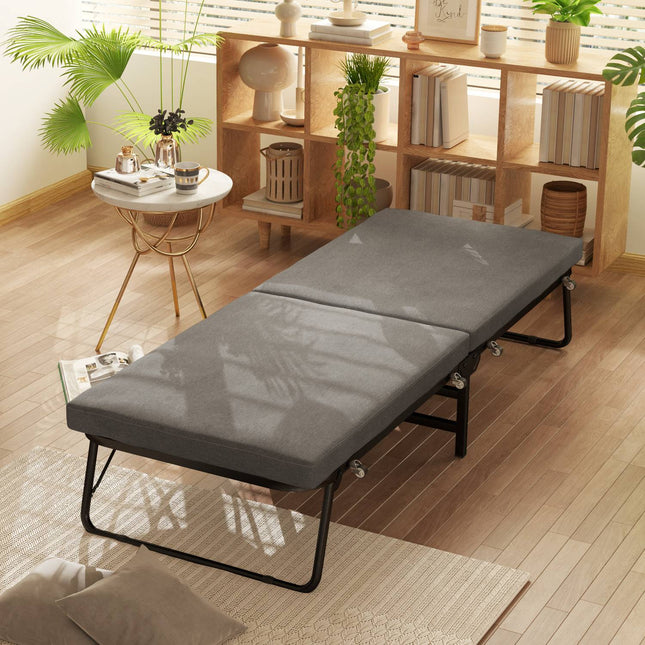Sulankstoma lova 70 x 190 cm sulankstoma svečių lova su 7 cm putplasčio čiužiniu, reguliuojamu galvūgaliu, kelioninė lova su ratukais, lino imitacija, metalinis rėmas biurui, svečių kambariui, tamsiai pilka