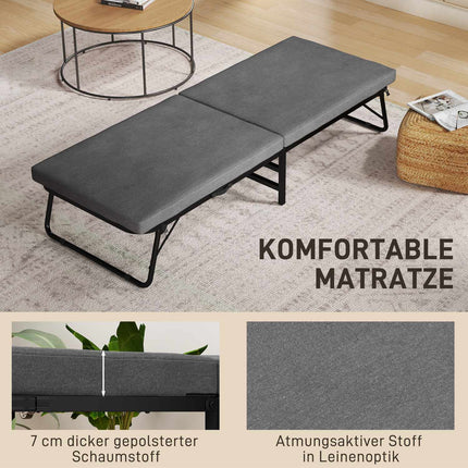 Sulankstoma lova 70 x 190 cm sulankstoma svečių lova su 7 cm putplasčio čiužiniu, reguliuojamu galvūgaliu, kelioninė lova su ratukais, lino imitacija, metalinis rėmas biurui, svečių kambariui, tamsiai pilka