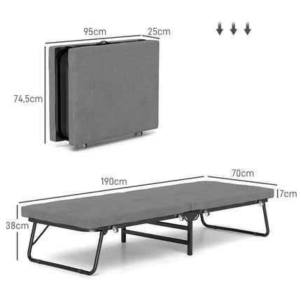 Sulankstoma lova 70 x 190 cm sulankstoma svečių lova su 7 cm putplasčio čiužiniu, reguliuojamu galvūgaliu, kelioninė lova su ratukais, lino imitacija, metalinis rėmas biurui, svečių kambariui, tamsiai pilka
