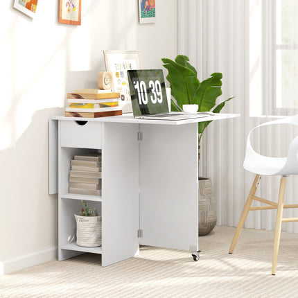 Sulankstomas valgomojo stalas, mobilus virtuvės stalas 2-4 asmenims su atviromis lentynomis, 1 stalčius, sulankstomas stalas mažiems kambariams, valgomasis 114,5 x 70 x 75 cm, baltas