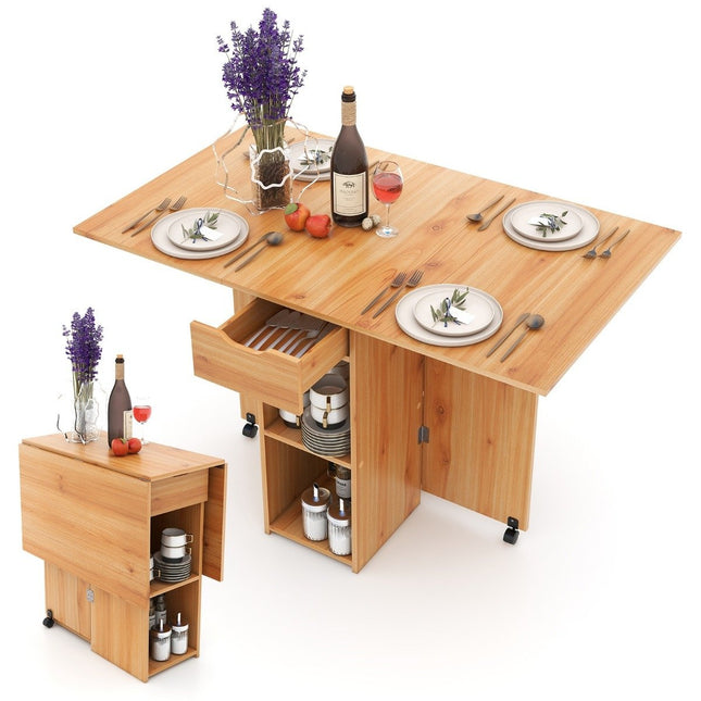 Folding dining table with 2 wheels, mobile folding table, dining room table with 2-tiered storage area and drawer, wood