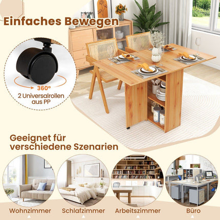 Folding dining table with 2 wheels, mobile folding table, dining room table with 2-tiered storage area and drawer, wood