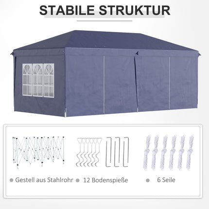 Sulankstomas paviljonas 5,85x2,95 m su apsauga nuo UV spindulių, šoninėmis sienomis ir langais, užtraukiamais vartais, tvirtas plienas, mėlynas, skirtas sodui ir renginiams