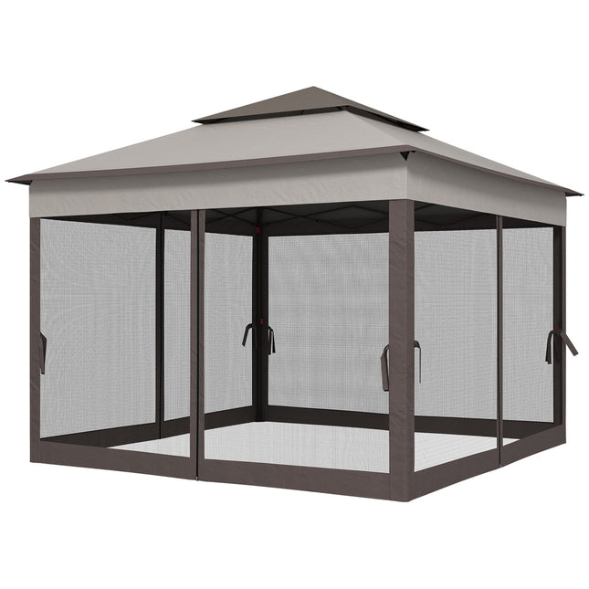 Sulankstoma paviljono sodo palapinė su šoninėmis sienelėmis, išskleidžiama palapinė, 3,25 x 3,25 x 2,65 m, šviesiai pilka, skirta sodo vakarėliams ir renginiams
