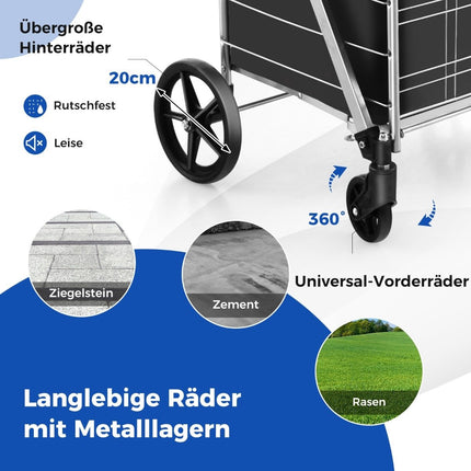 Folding shopping trolley on wheels with removable Oxford bag & 2 baskets silver