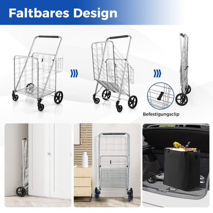 Folding shopping trolley on wheels with removable Oxford bag & 2 baskets silver
