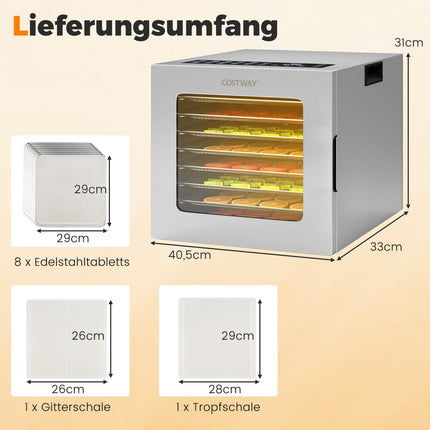 Maisto džiovyklė, 8 padėklai, 48 val. laikmatis, 35-75 °C, sidabrinė