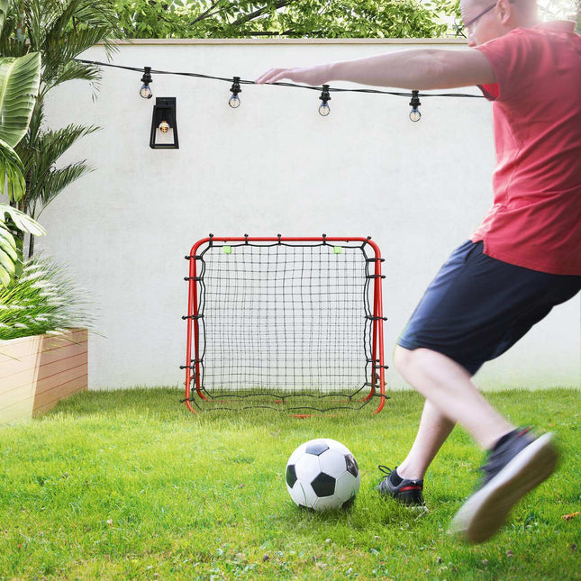Futbolo kamuoliuko atšokimo sieninis tinklas, dvipusis, reguliuojamas 5 lygiais, skirtas futbolo treniruotėms, plienas, raudonas, 100 x 95 x 90 cm