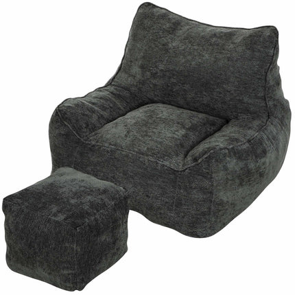 Frameless Floor Chair with Ottoman and Backrest, Chenille, Armrests, Dark Grey