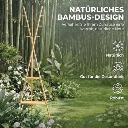 Laisvai stovinti bambukinė paltų kabykla, 9 kabliukai, 2 lentynos, natūrali