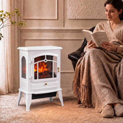 Freestanding Electric Fireplace with 3-Sided Panorama View, 1000/2000W, White