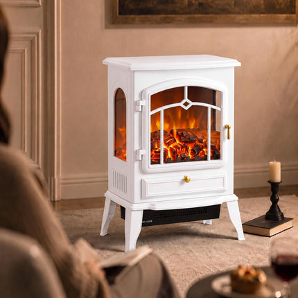 Freestanding Electric Fireplace with 3-Sided Panorama View, 1000/2000W, White