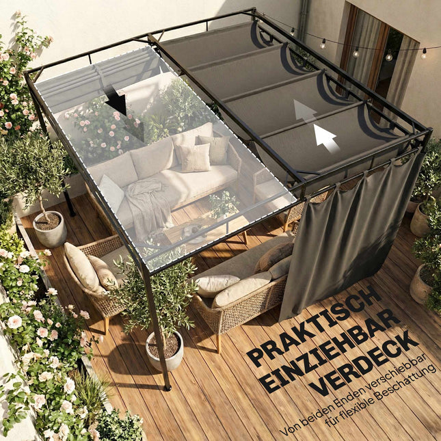Laisvai stovinti pergolė 3x3m su reguliuojamu stogeliu ir užuolaidomis