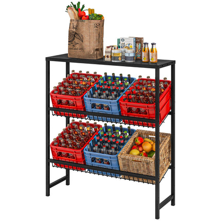 Laisvai pastatomas gėrimų dėžių stovas 6 dėžėms, reguliuojamo aukščio lentynos, 3 lygiai, neslystantis, 103 x 33 x 113,5 cm, juodo plieno