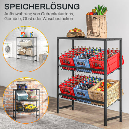 Laisvai pastatomas gėrimų dėžių stovas 6 dėžėms, reguliuojamo aukščio lentynos, 3 lygiai, neslystantis, 103 x 33 x 113,5 cm, juodo plieno