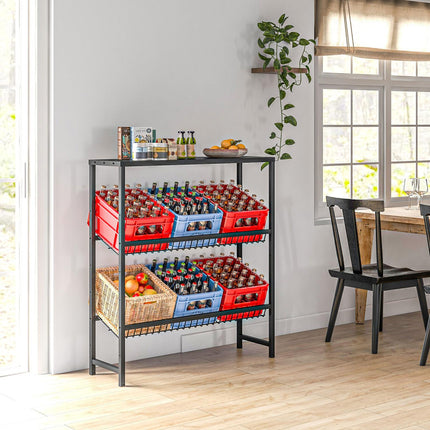 Laisvai pastatomas gėrimų dėžių stovas 6 dėžėms, reguliuojamo aukščio lentynos, 3 lygiai, neslystantis, 103 x 33 x 113,5 cm, juodo plieno