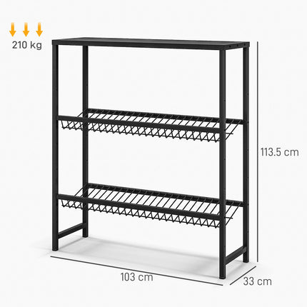 Laisvai pastatomas gėrimų dėžių stovas 6 dėžėms, reguliuojamo aukščio lentynos, 3 lygiai, neslystantis, 103 x 33 x 113,5 cm, juodo plieno
