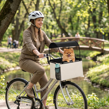 Front Dog Bike Basket with Sun Canopy, Up to 5 kg, Cream White, Shoulder Strap