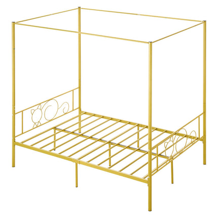 Full Size Metal Canopy Bed Frame, Gold, Steel Slats, Underbed Storage
