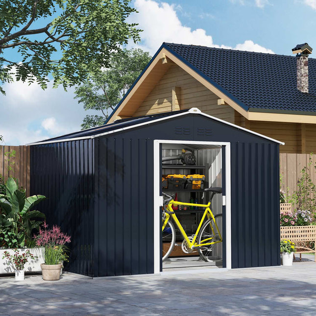 Cinkuoto plieno įrankių sandėliukas 4,9 m² 277 x 195 x 192 cm įrankių sandėliukas su dvišlaičiu stogu, pamatais, rakinamomis stumdomomis durimis, atsparus oro sąlygoms sodo sandėliukas, lauko sodo sandėliukas kiemui, tamsiai pilkas