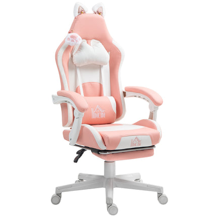 Ergonomic pink gaming chair with lumbar support and footrest