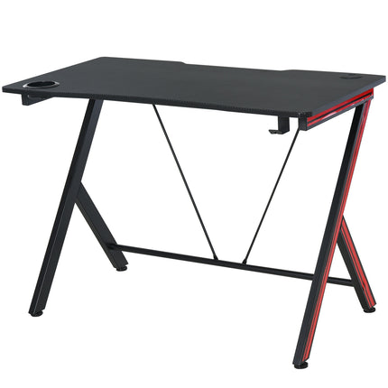 Žaidimų stalo stalas su ausinių kabliuku ir puodelio laikikliu, plienas + MDF, juodas, 105x55x75 cm