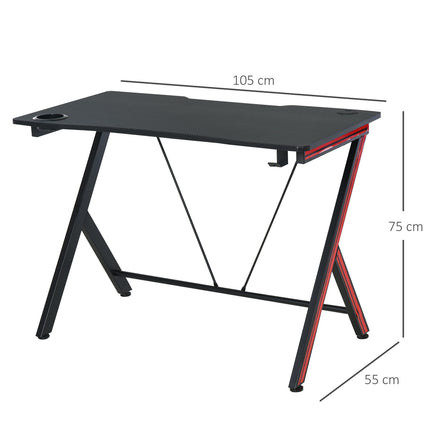 Žaidimų stalo stalas su ausinių kabliuku ir puodelio laikikliu, plienas + MDF, juodas, 105x55x75 cm