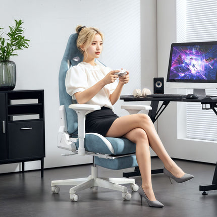 Žaidimų kėdė su atlošo funkcija, reguliuojamo aukščio stalo kėdė su galvos ir juosmens pagalvėlėmis, ergonomiška žaidimų kėdė su ištraukiama kojų atrama, dirbtinė oda, iki 120 kg, mėlyna