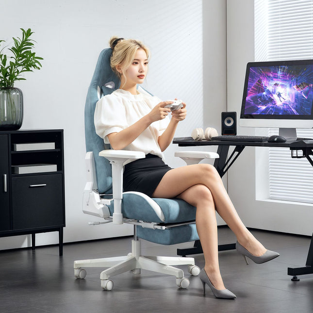 Žaidimų kėdė su atlošo funkcija, reguliuojamo aukščio stalo kėdė su galvos ir juosmens pagalvėlėmis, ergonomiška žaidimų kėdė su ištraukiama kojų atrama, dirbtinė oda, iki 120 kg, mėlyna