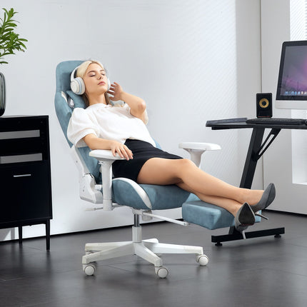 Žaidimų kėdė su atlošo funkcija, reguliuojamo aukščio stalo kėdė su galvos ir juosmens pagalvėlėmis, ergonomiška žaidimų kėdė su ištraukiama kojų atrama, dirbtinė oda, iki 120 kg, mėlyna