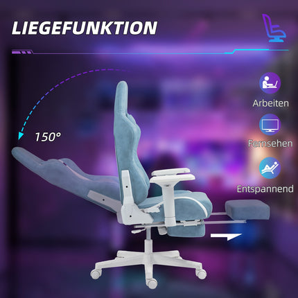 Žaidimų kėdė su atlošo funkcija, reguliuojamo aukščio stalo kėdė su galvos ir juosmens pagalvėlėmis, ergonomiška žaidimų kėdė su ištraukiama kojų atrama, dirbtinė oda, iki 120 kg, mėlyna