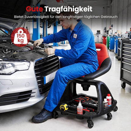 Garažo mechaniko kėdė, 330 svarų, raudona, įrankių dėklas