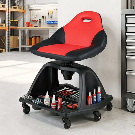 Garažo mechaniko kėdė, 330 svarų, raudona, įrankių dėklas