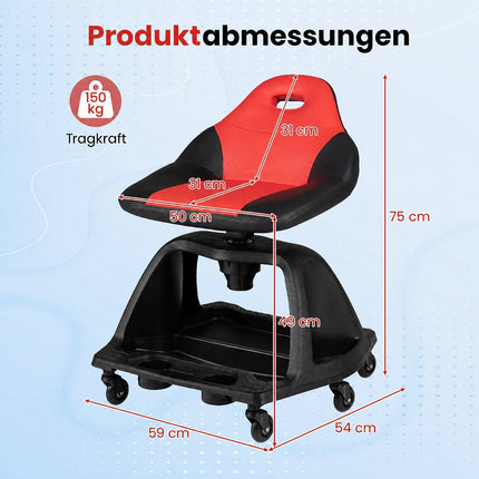 Garažo mechaniko kėdė, 330 svarų, raudona, įrankių dėklas