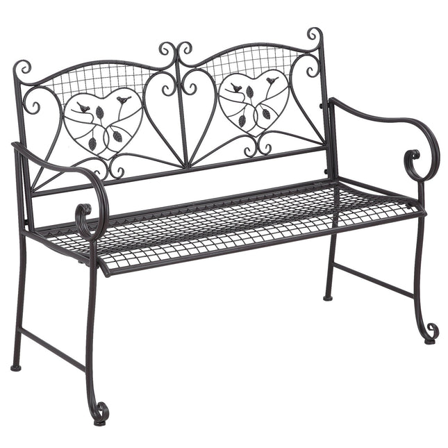 Sodo suoliukas su atlošu, dvivietis, sodo, atsparus oro sąlygoms, senovinio stiliaus, metalas, kavos spalvos, 114 x 53,3 x 91 cm
