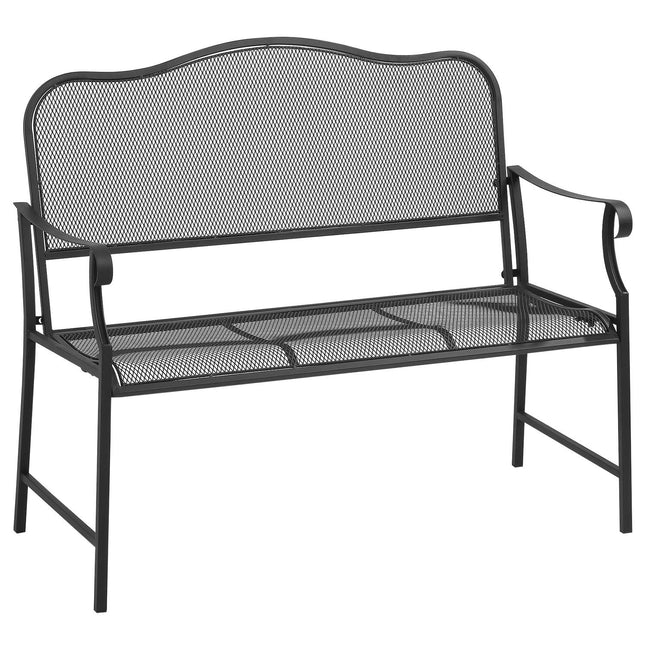 Sodo suoliukas, dvivietis, parko suoliukas, terasos suoliukas, gali išlaikyti iki 220 kg, su atlošais, metalinis, juodas, 113 x 58 x 98 cm