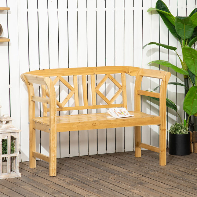 Sodo suoliukas, dvivietis medinis suoliukas su atlošu, atsparus oro sąlygoms, kaimo stiliaus parko suoliukas, terasos suoliukas, maks. 240 kg, natūralus, 116 x 53 x 83 cm