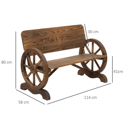 Sodo suoliukas su porankiais, vežimo ratų dizaino suoliukas, sodo baldai, kaimiško stiliaus suoliukas, medžio masyvas, rudas, 114 x 58 x 80 cm