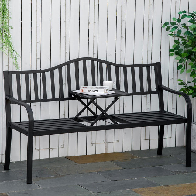Black metal park bench with extendable table, 150cm