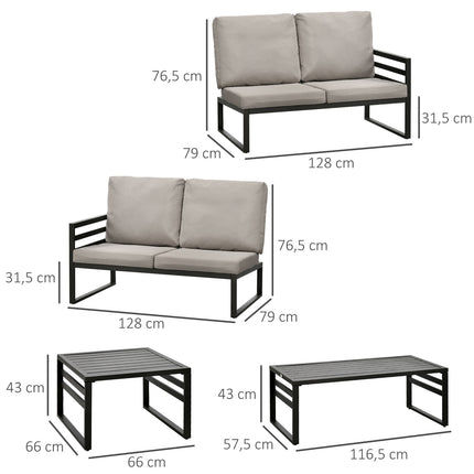 Sodo baldų komplektas 4 asmenims, 2 sofos, 2 stalai, atsparus oro sąlygoms, 128 cm x 79 cm x 76,5 cm, šviesiai pilkas ir juodas