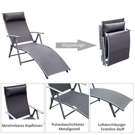 Sodo gultas, terasos krėslas, sulankstomas, reguliuojamas, su pagalvėle, sodo pilkas, metalas + audinys, pilkas, 137 x 63,5 x 100,5 cm