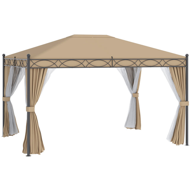 Sodo paviljonas, elegantiška sodo palapinė, 3x4 m, su šoninėmis sienomis, tinkleliu nuo uodų, metalas ir poliesteris, smėlio spalvos