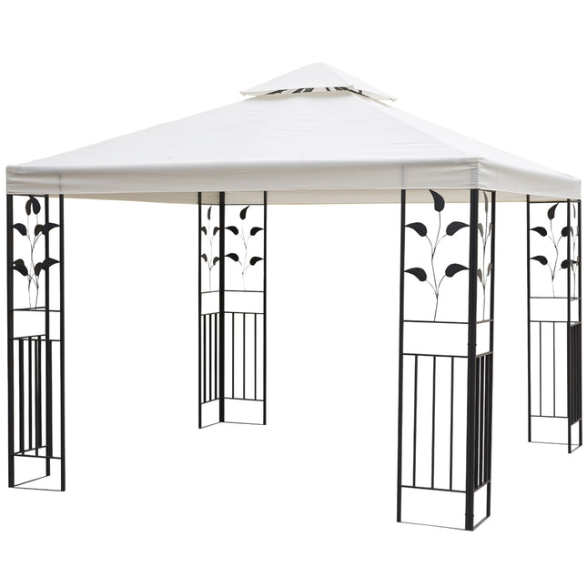 Sodo paviljonas, lapų dizainas, 2,95 x 2,95 m, plieninis rėmas, dvigubas stogas, pobūvių palapinė, poliesteris, kreminė, balta