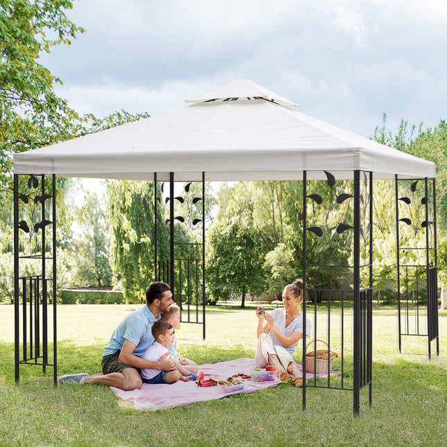 Sodo paviljonas, lapų dizainas, 2,95 x 2,95 m, plieninis rėmas, dvigubas stogas, pobūvių palapinė, poliesteris, kreminė, balta