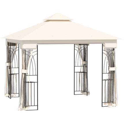 Sodo paviljonas su dvigubu stogu, sodo palapinė, šventinė palapinė su 4 šoninėmis sienomis, metalas + poliesteris, kreminės baltos spalvos, 2,99 x 2,99 x 2,74 m